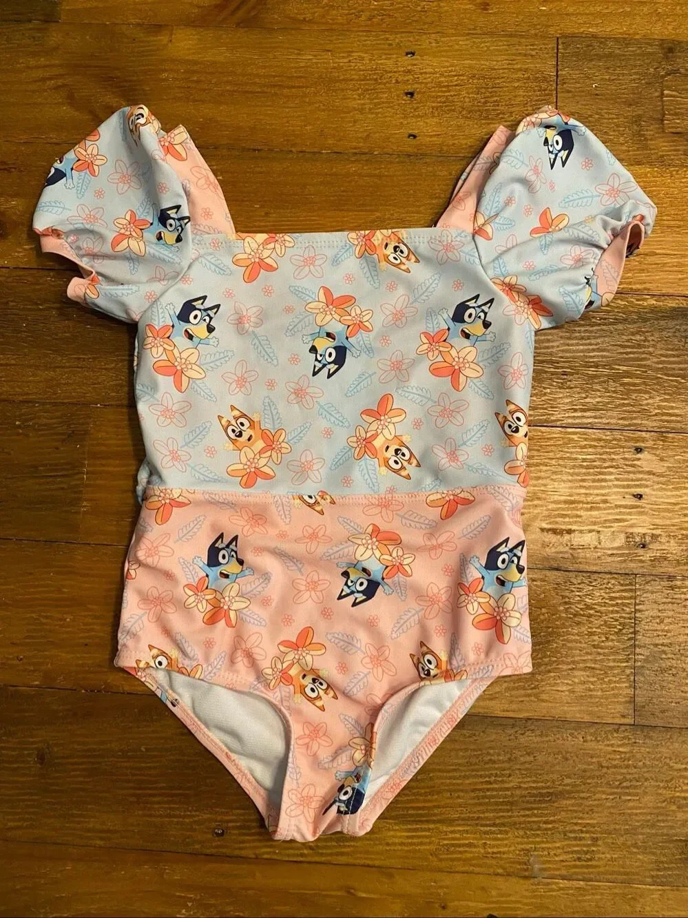 Bluey 5T girls one piece puff sleeve swimsuit pink blue Bingo